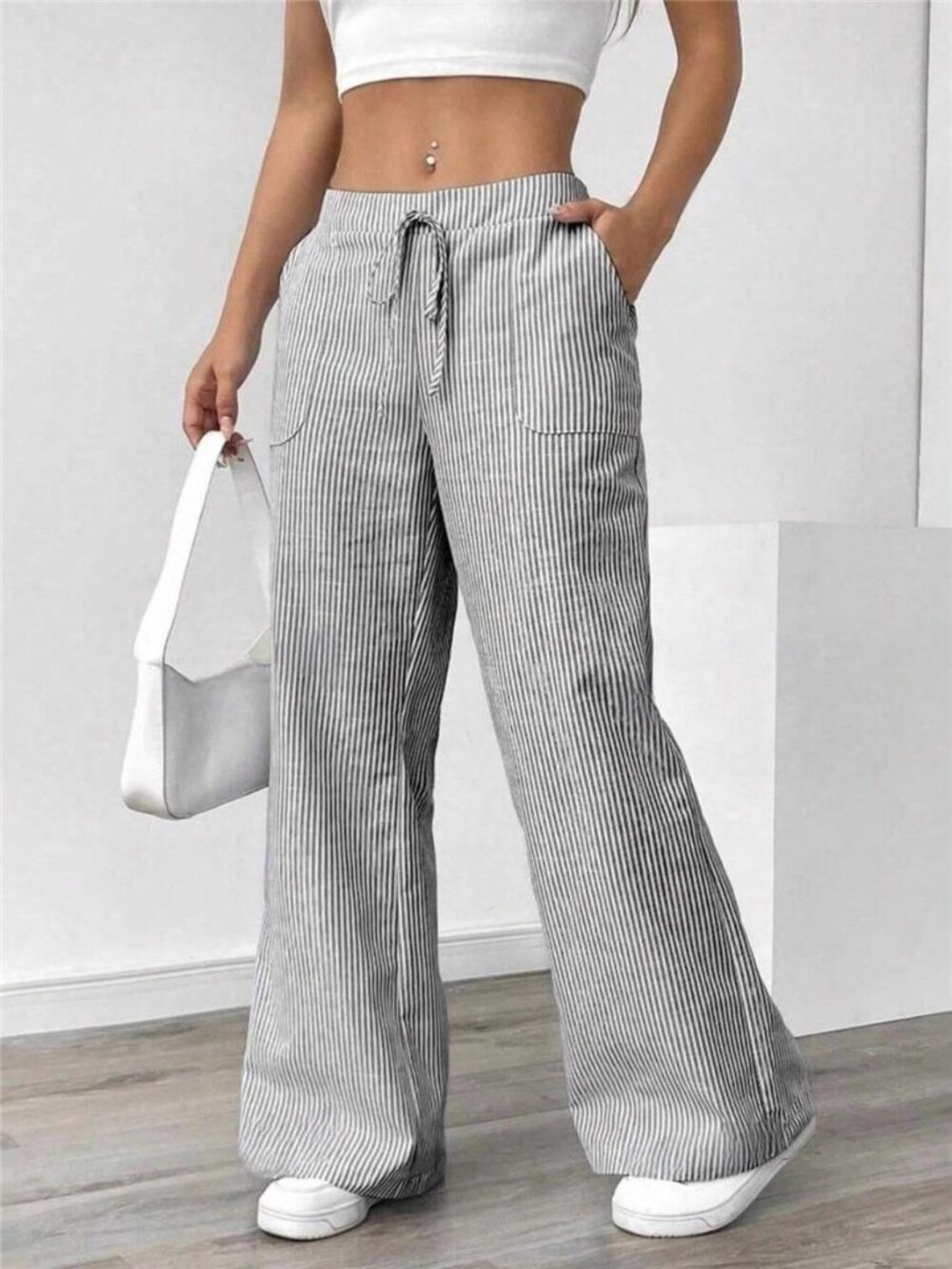 Striped Drawstring Wide-Leg Pants